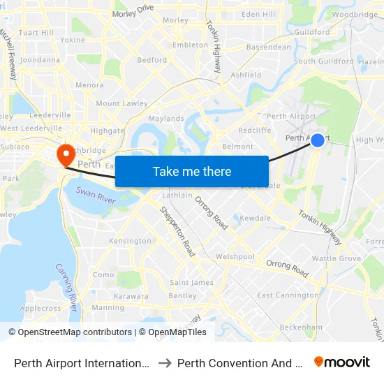 Perth Airport International Terminal T1 T2 to Perth Convention And Exhibition Centre map
