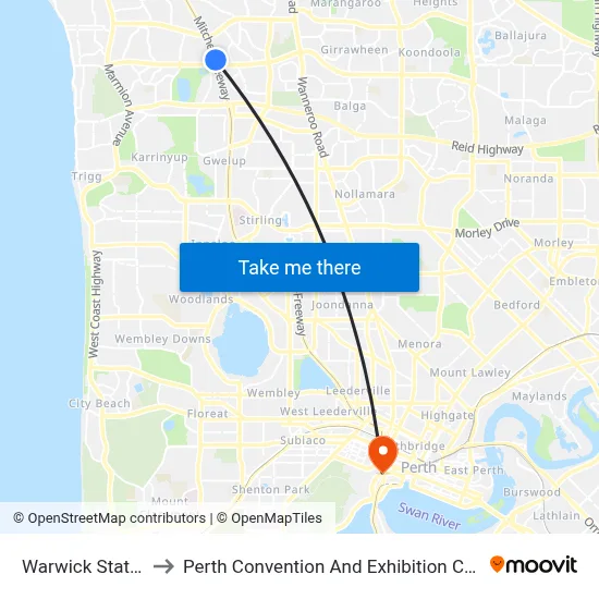 Warwick Station to Perth Convention And Exhibition Centre map
