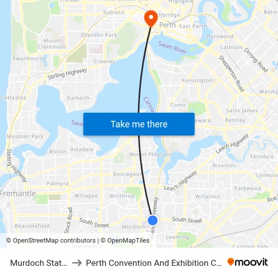 Murdoch Station to Perth Convention And Exhibition Centre map