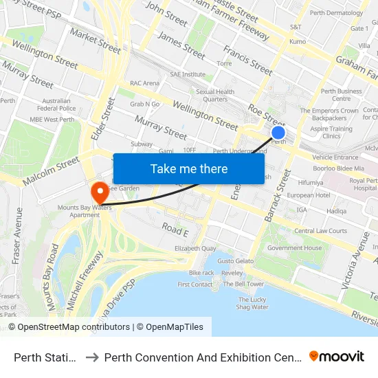 Perth Station to Perth Convention And Exhibition Centre map
