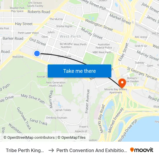 Tribe Perth Kings Park to Perth Convention And Exhibition Centre map