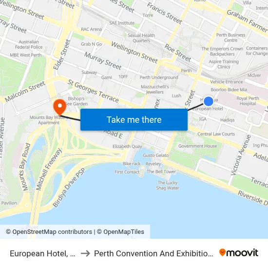 European Hotel, Perth to Perth Convention And Exhibition Centre map