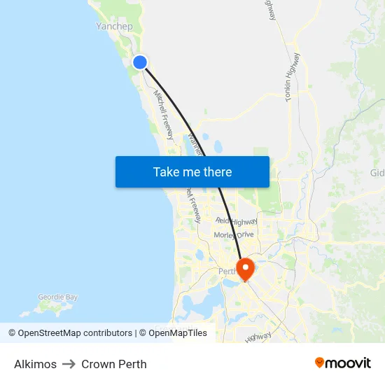 Alkimos to Crown Perth map