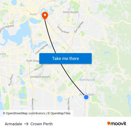 Armadale to Crown Perth map