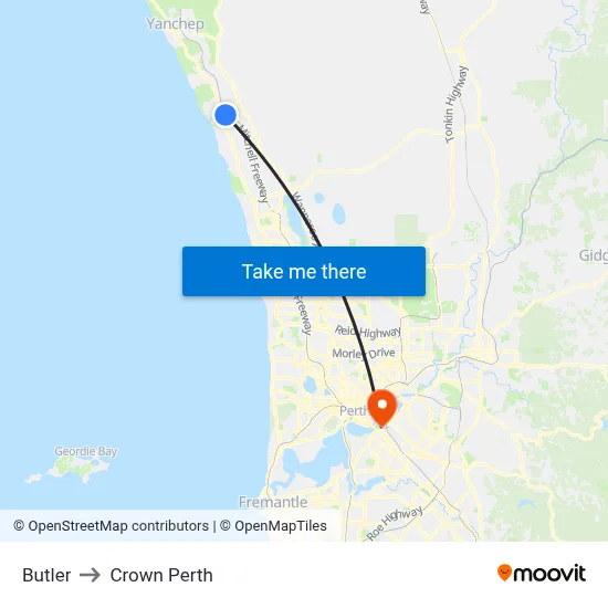 Butler to Crown Perth map