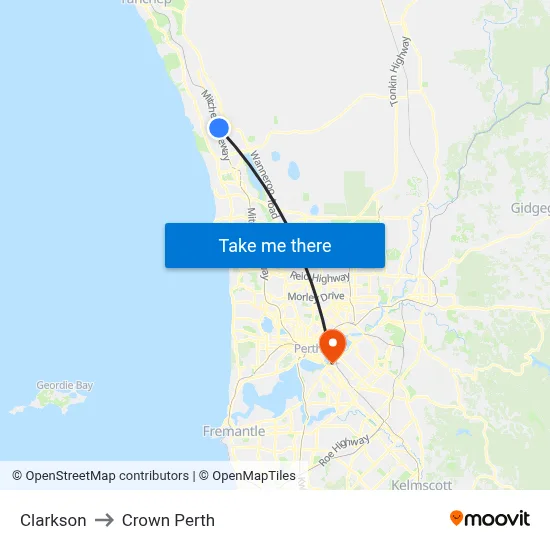 Clarkson to Crown Perth map