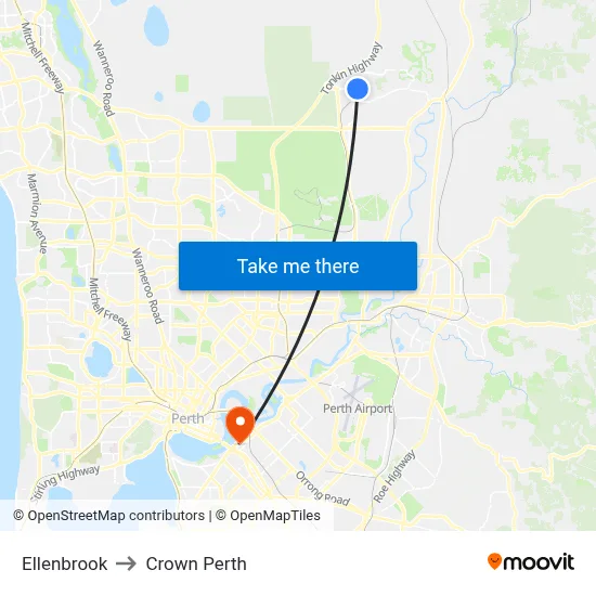 Ellenbrook to Crown Perth map