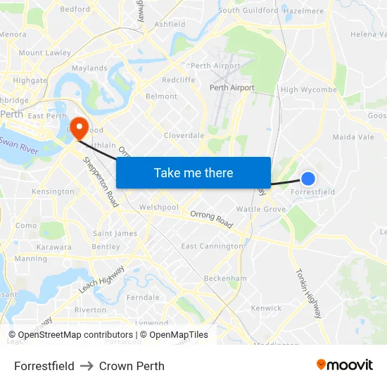 Forrestfield to Crown Perth map