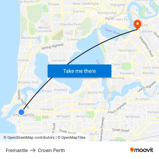 Fremantle to Crown Perth map
