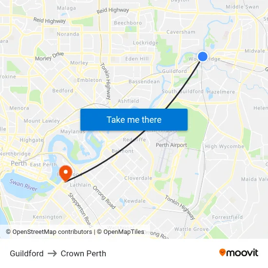 Guildford to Crown Perth map
