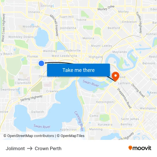 Jolimont to Crown Perth map