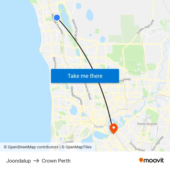 Joondalup to Crown Perth map