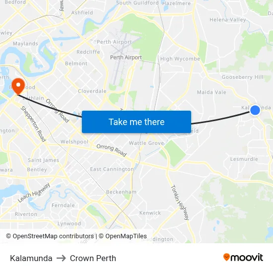 Kalamunda to Crown Perth map