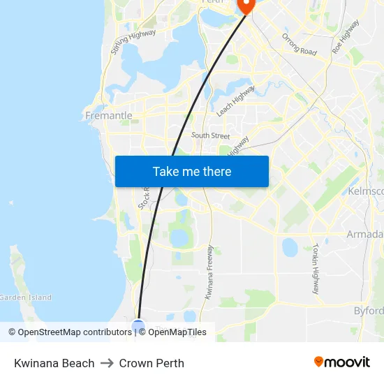 Kwinana Beach to Crown Perth map