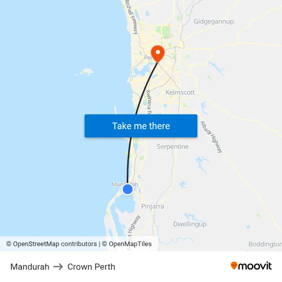 Mandurah to Crown Perth map