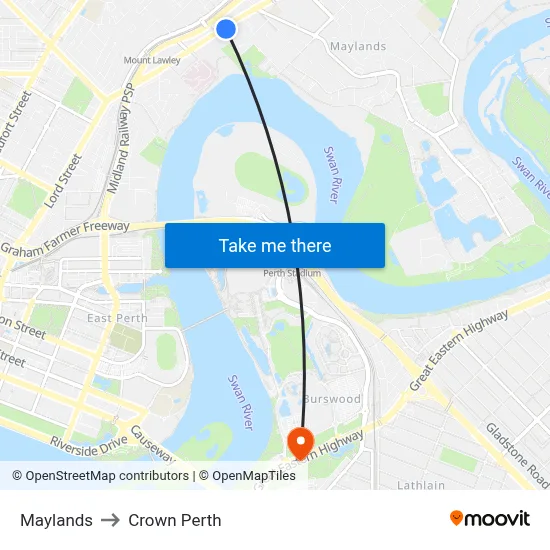 Maylands to Crown Perth map