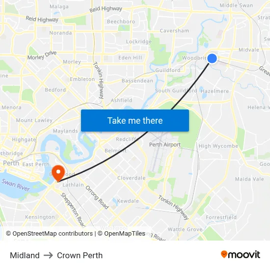 Midland to Crown Perth map