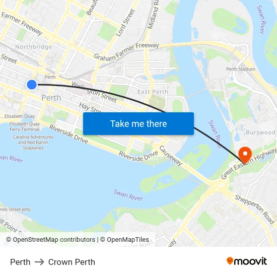 Perth to Crown Perth map