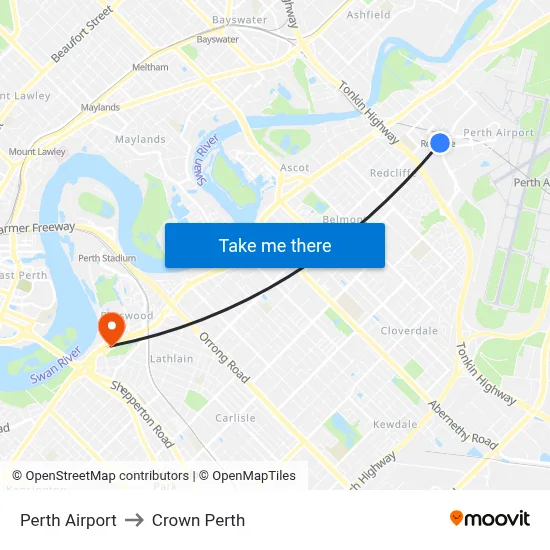 Perth Airport to Crown Perth map
