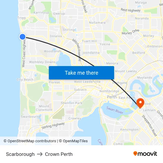 Scarborough to Crown Perth map