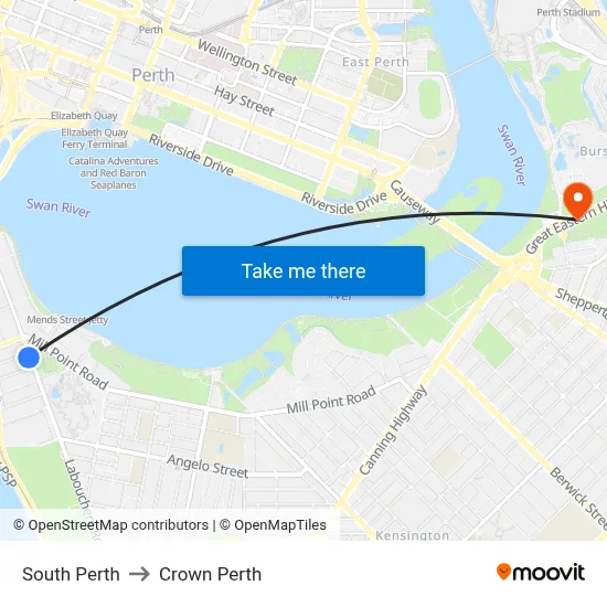 South Perth to Crown Perth map