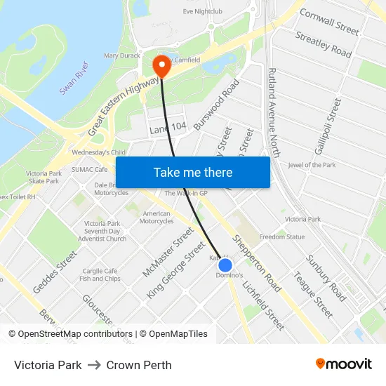 Victoria Park to Crown Perth map