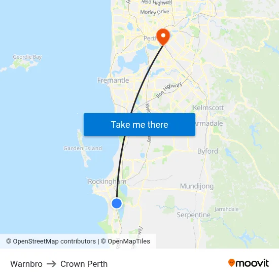 Warnbro to Crown Perth map