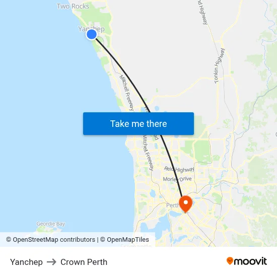Yanchep to Crown Perth map