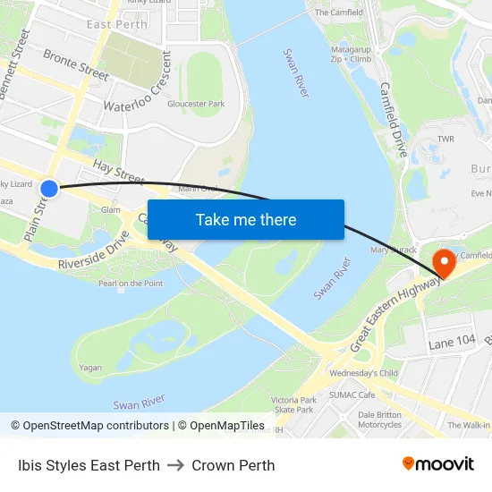 Ibis Styles East Perth to Crown Perth map