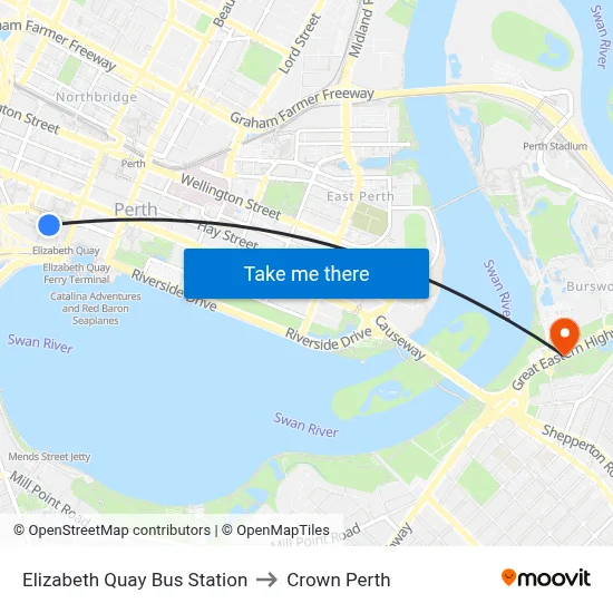 Elizabeth Quay Bus Station to Crown Perth map