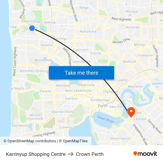 Karrinyup Shopping Centre to Crown Perth map