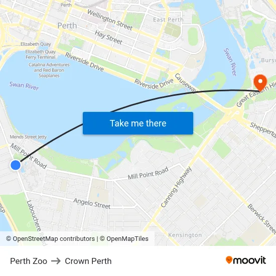 Perth Zoo to Crown Perth map