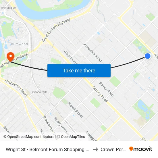 Wright St - Belmont Forum Shopping Ctr to Crown Perth map