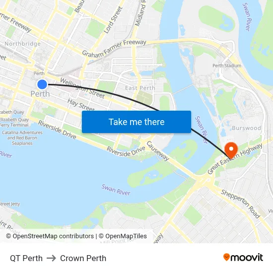 QT Perth to Crown Perth map