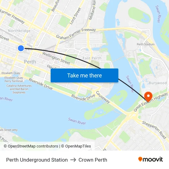Perth Underground Station to Crown Perth map