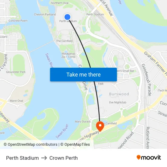 Perth Stadium to Crown Perth map