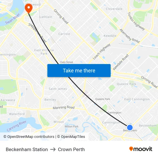 Beckenham Station to Crown Perth map