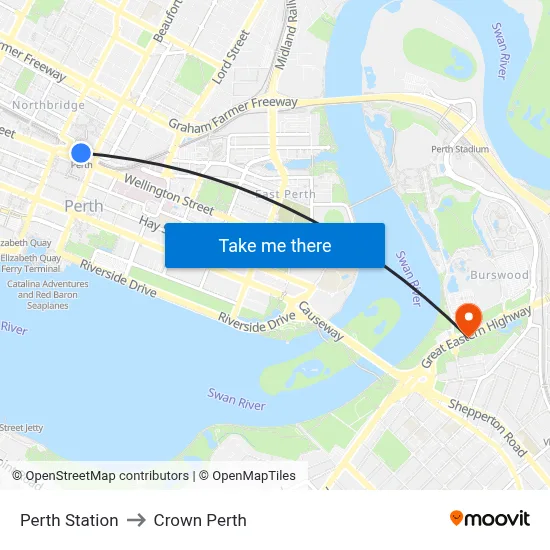 Perth Station to Crown Perth map