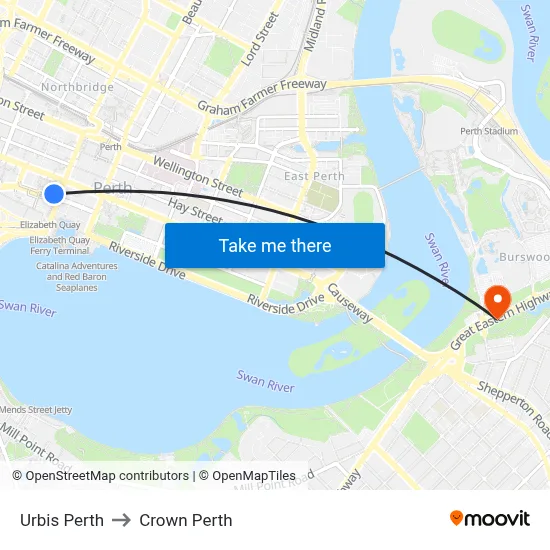 Urbis Perth to Crown Perth map