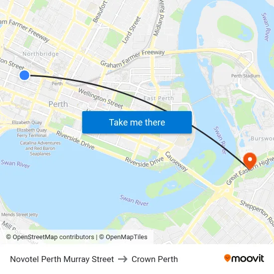 Novotel Perth Murray Street to Crown Perth map