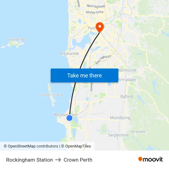 Rockingham Station to Crown Perth map