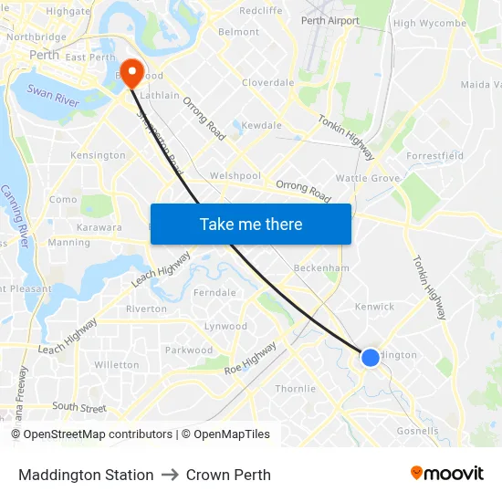 Maddington Station to Crown Perth map