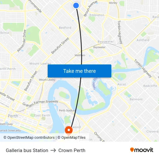 Galleria bus Station to Crown Perth map