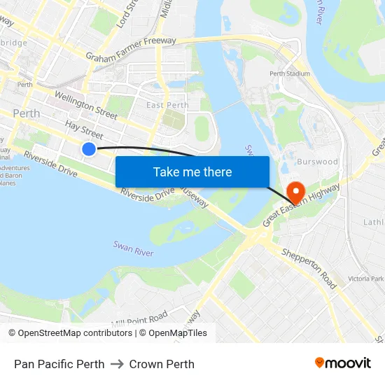 Pan Pacific Perth to Crown Perth map