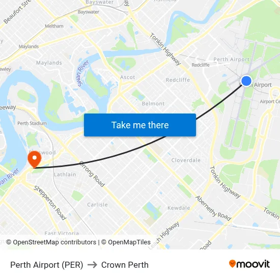 Perth Airport (PER) to Crown Perth map