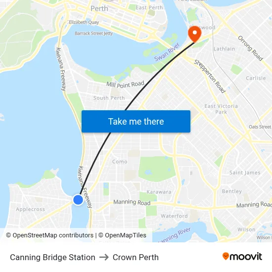 Canning Bridge Station to Crown Perth map