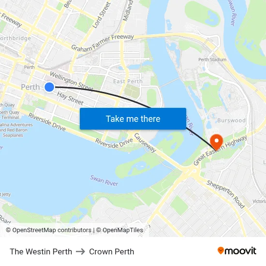 The Westin Perth to Crown Perth map