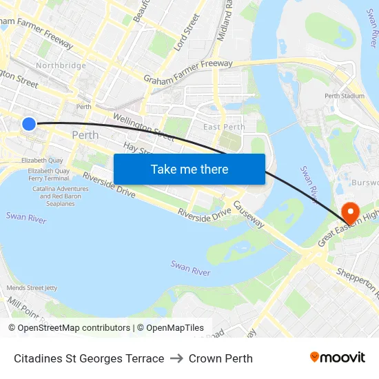 Citadines St Georges Terrace to Crown Perth map