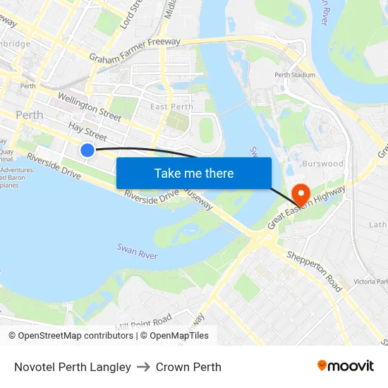 Novotel Perth Langley to Crown Perth map