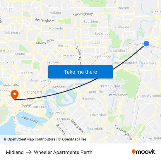 Midland to Wheeler Apartments Perth map